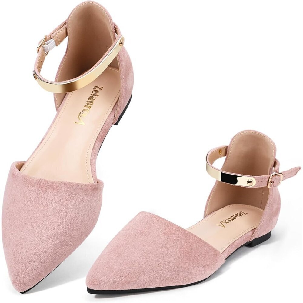 Zelaprox Women's Pink Leather Rhinestone Pointed Toe Bowknot Ballet Shoes